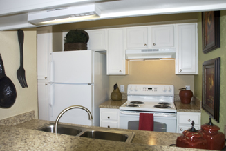 Over the counter view of stove and refrigerator cabinets with brushed hardward, windowpane doors, and granite-styled countertops.