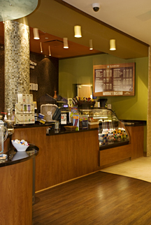 Any way one looks there is an interesting view or fine detail of design and craftsmanship in this Bonier cabinetry and countertop retail installation within the Embassy Suites hotel. 